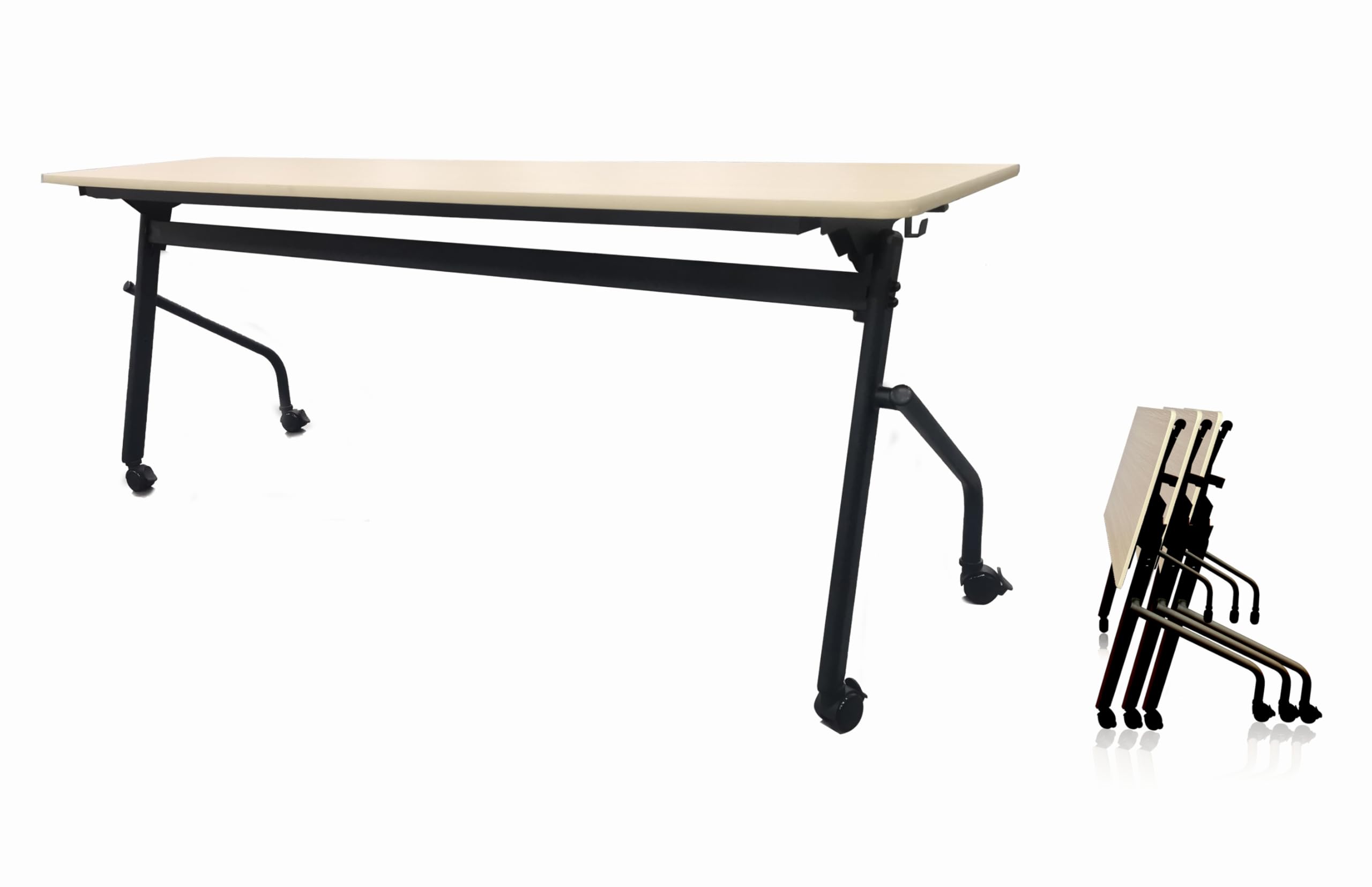 A AIRLLEN お届け先法人 会議用テーブル ミーティングテーブル 2~3 人用折りたたみ式/スタッキング/移動可能 幅1800mm×奥行600mm跳ね上げ仕様 オフィス長机 ナチュラル(N-FB60180NA)