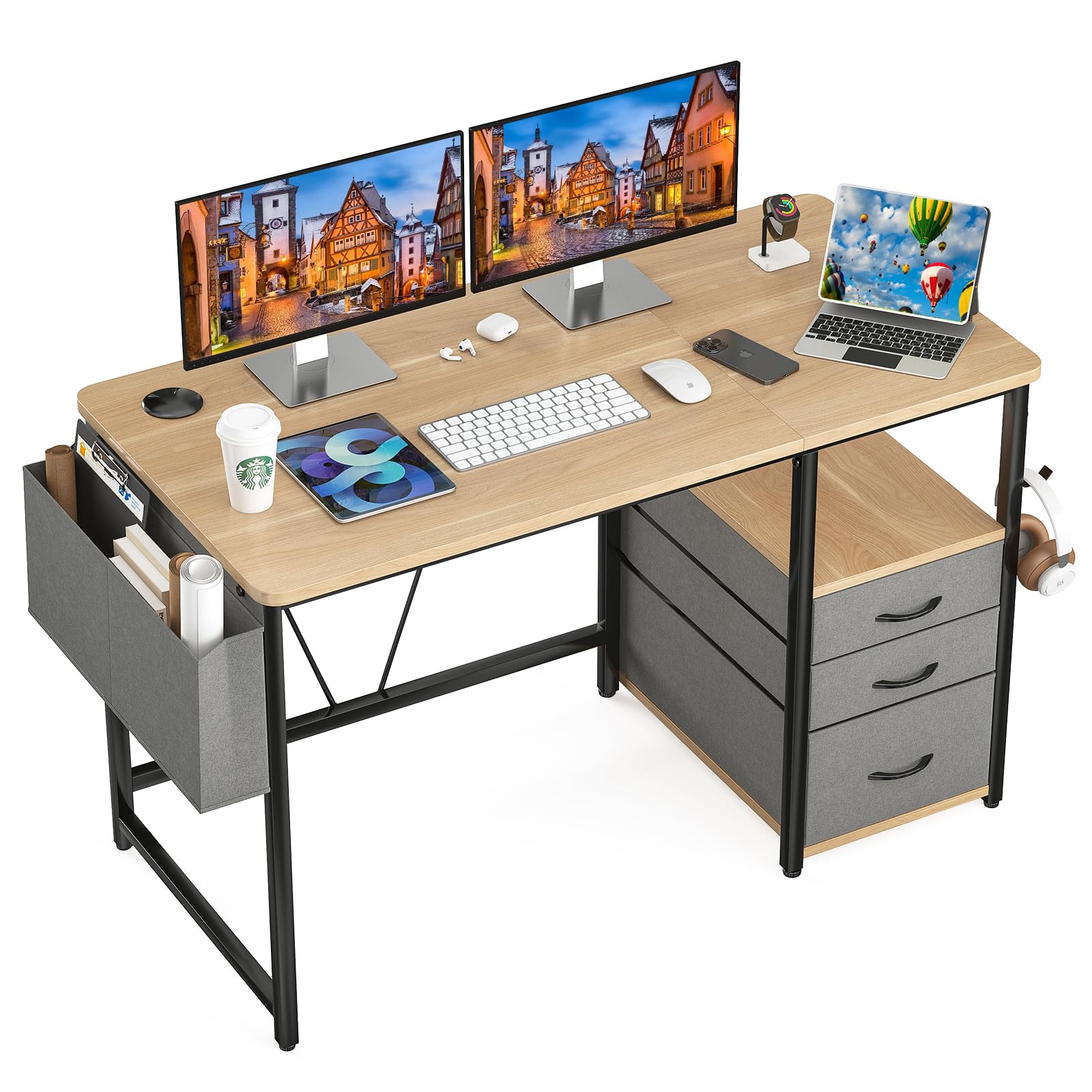 Sunon デスク パソコンデスク ラック付きpcデスク 幅120cm×奥行60cm 机 引き出し付き 勉強机 ドリンクホルダー デスク 在宅ワーク 作業机 テレワーク